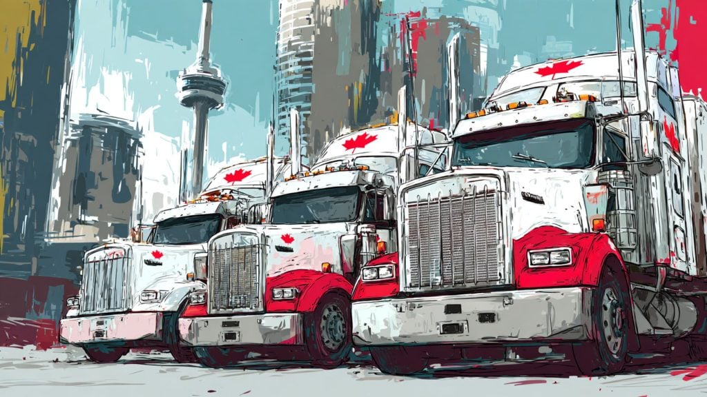 Digital painting of three white and red semi-trucks with Canadian flags on their roofs, parked in front of a city skyline featuring the CN Tower under a blue sky.