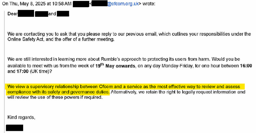 Email dated Thursday, May 8, 2025, at 10:58 AM, discussing a meeting request to learn about Rumble's approach to user protection and stating that Ofcom views a supervisory relationship with a service as the most effective way to review and assess compliance with safety and governance duties, with legal rights to request information if needed.