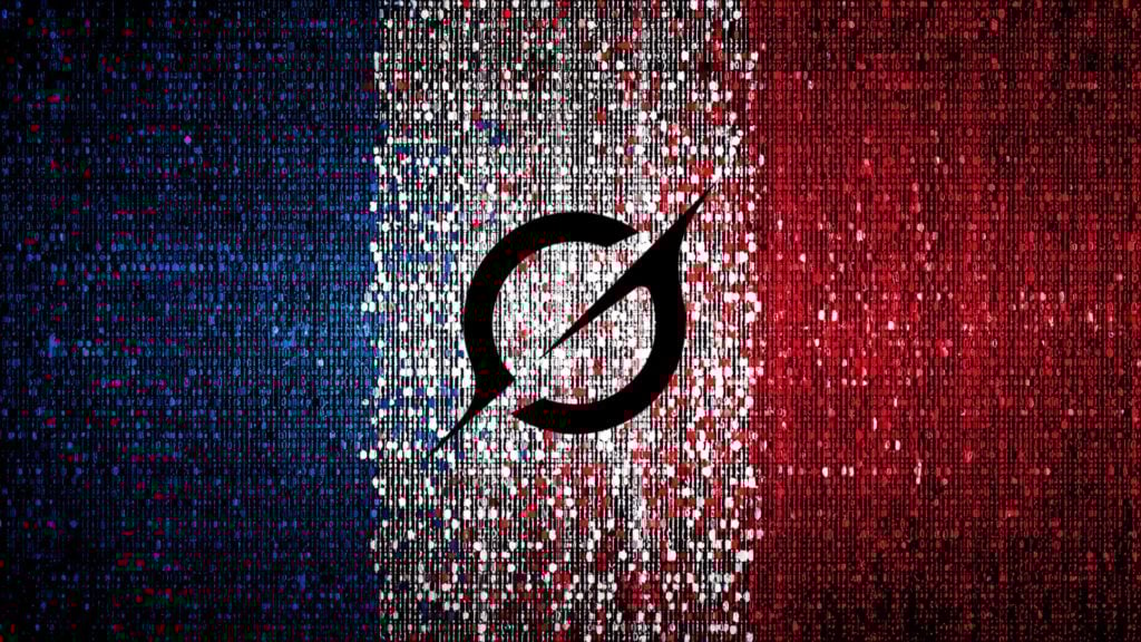 Digital representation of the French flag in blue, white, and red vertical stripes with a black circular symbol with a diagonal line through it in the center, composed of scattered square pixels overlaid with vertical lines of binary code.