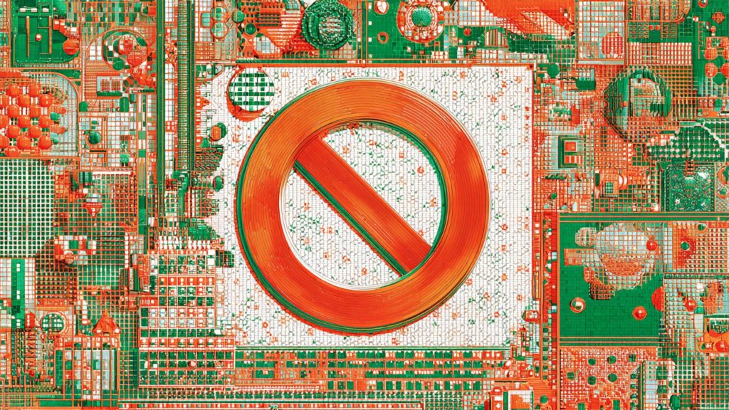 Close-up of a colorful microchip circuit with a prominent orange prohibition symbol at the center surrounded by intricate green and orange electronic pathways.