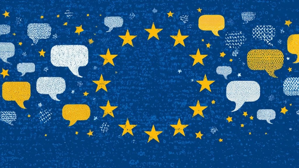 Blue background with a circle of twelve yellow stars in the center and multiple yellow and white speech bubbles scattered around, symbolizing communication and unity in the European Union.