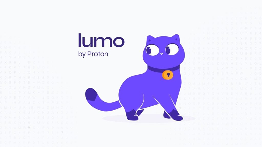 Purple cartoon cat with large eyes wearing a collar with a yellow lock, standing to the right of the text 'lumo by Proton' on a light background with faint letters.