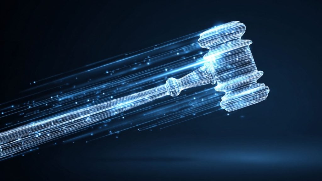 Glowing digital representation of a judge's gavel, composed of blue light streaks, set against a dark background