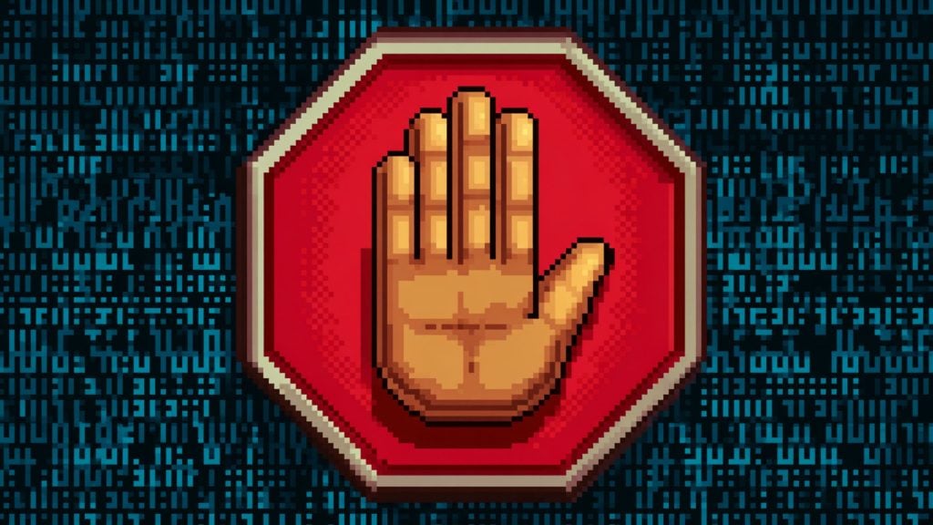 Pixel art of a red octagonal stop sign with a raised hand symbol in the center against a dark background with blue pixelated text or code