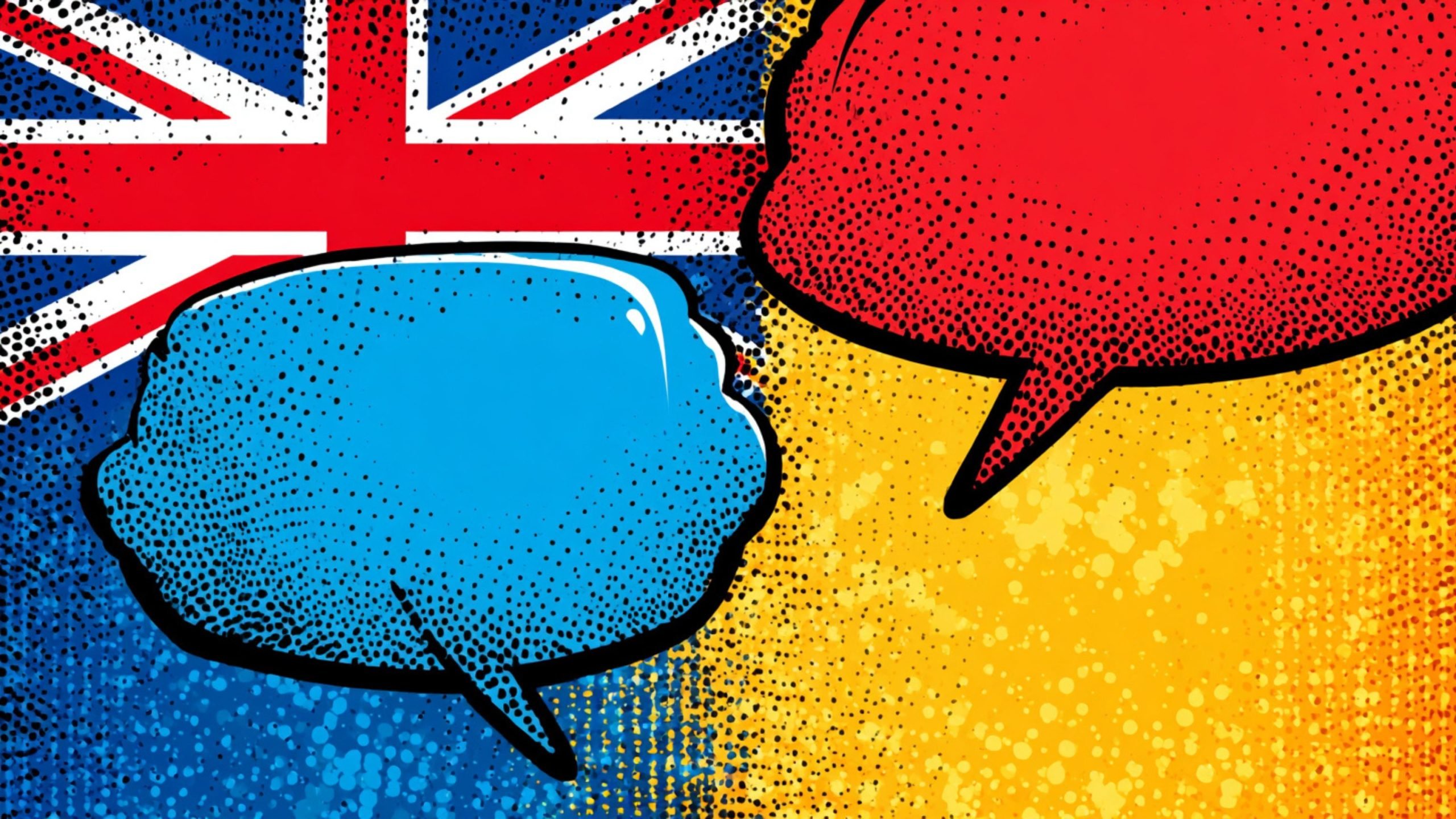 Two comic-style speech bubbles, one blue and one red, placed over a background split between the UK flag on the left and a yellow textured pattern on the right.