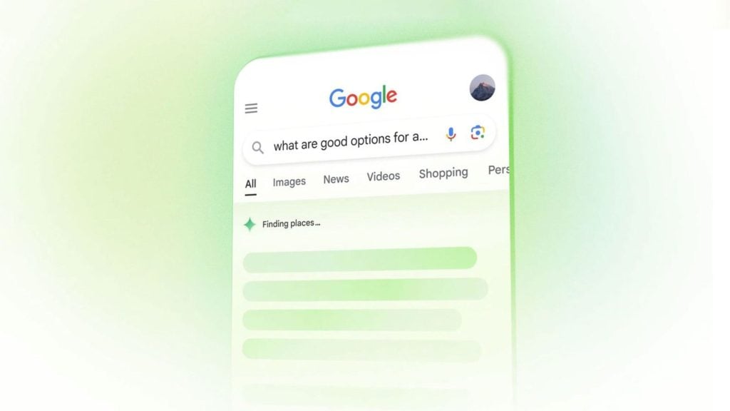 Smartphone screen displaying a Google search page with the query "what are good options for a..." and a message saying "Finding places..." with blurred green search results below, set against a light green background.