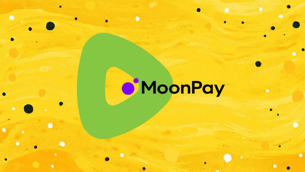 MoonPay logo with a large green triangular shape and two purple circles on a yellow background with black and white spots