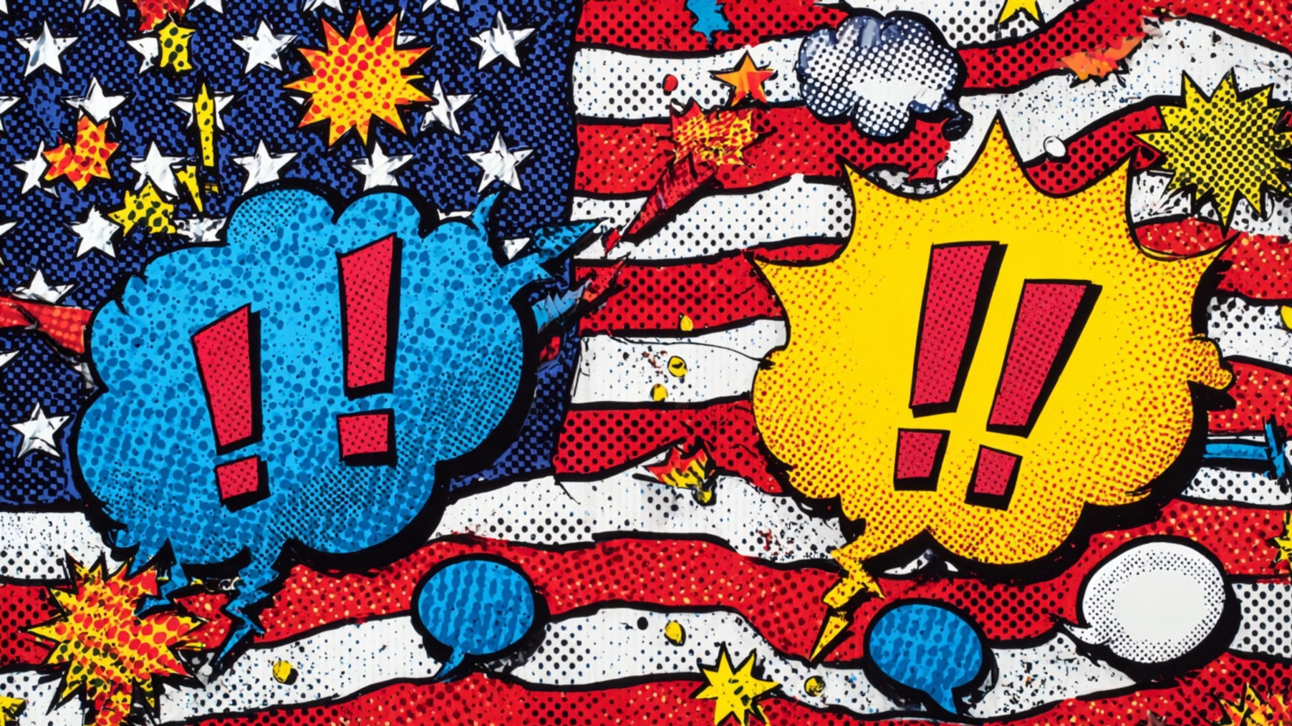 Pop art style background featuring a fragmented American flag with blue and white stars and red and white stripes, overlaid with comic book-style speech bubbles containing red exclamation marks and bursts of yellow and orange explosive shapes.