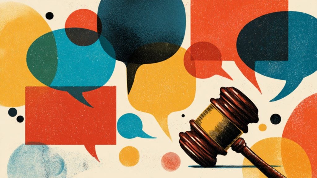 Illustration of a judge's gavel surrounded by overlapping colorful speech bubbles symbolizing discussion or debate.