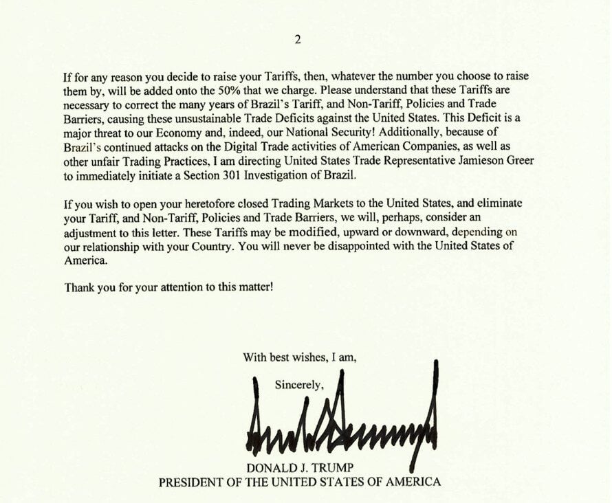 A typed letter from Donald J. Trump, President of the United States of America, discussing tariffs related to Brazil, digital trade issues, and a Section 301 investigation, signed with his signature.