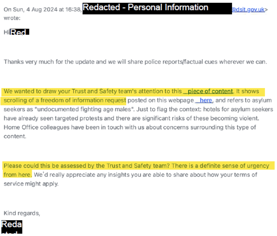 Email dated Sunday, 4 August 2024, highlighting a request to Trust and Safety team about a scrolling freedom of information request related to asylum seekers called undocumented fighting age males, with a note of urgency for assessment. Personal and sensitive information is redacted.