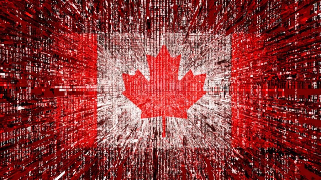 Digital representation of the Canadian flag composed of red and white binary code sequences, creating a 3D effect with the central maple leaf symbol prominently in red.
