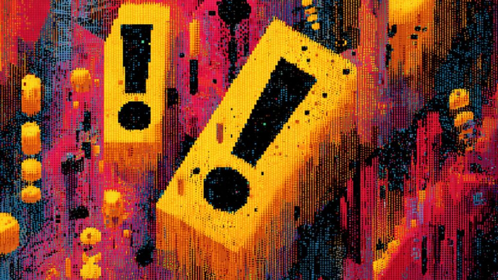 3D pixelated yellow blocks with black exclamation marks on a dynamic red, orange, and blue pixelated background, resembling a digital or retro video game style warning sign.
