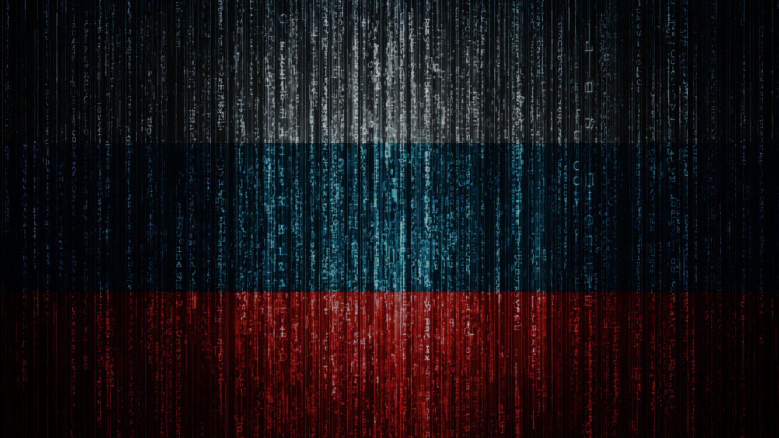 Digital rain of cascading code forming the colors of the Russian flag with white on top, blue in the middle, and red on the bottom