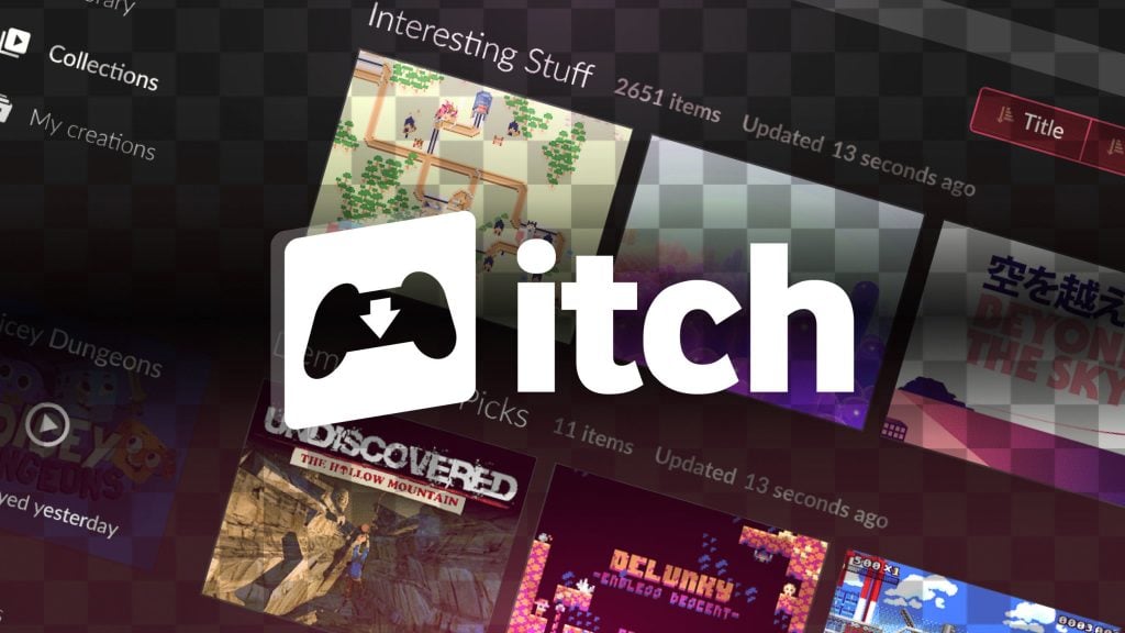 Logo of the Itch.io platform featuring a game controller with a download arrow overlayed on a blurred background of game thumbnails and category menus.