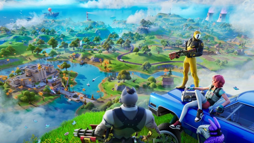 View overlooking a vibrant, expansive landscape with green hills, a large body of water, and various buildings, featuring three stylized characters in the foreground: a muscular humanoid figure with a wolf mask, a standing figure in a yellow and black suit holding a weapon, and a pink-haired character sitting on the hood of a blue car holding a boombox, with a purple llama figure nearby.