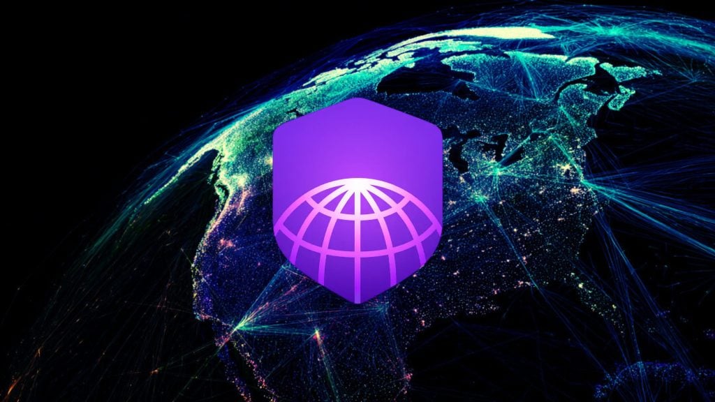 Glowing digital map of North America showing network connections with a large purple shield icon depicting a globe at the center