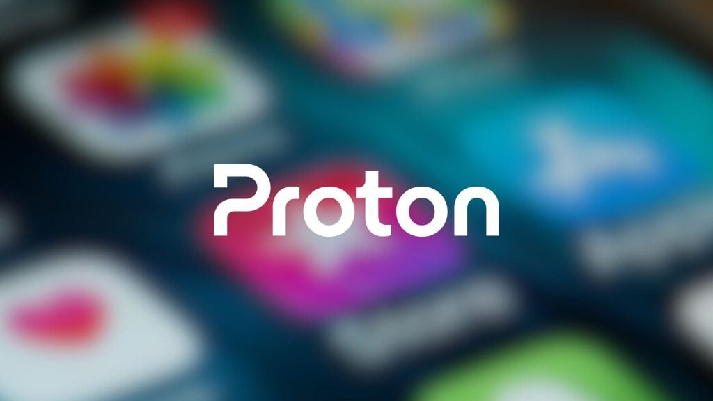White Proton logo centered over a blurred background of colorful app icons on a screen.