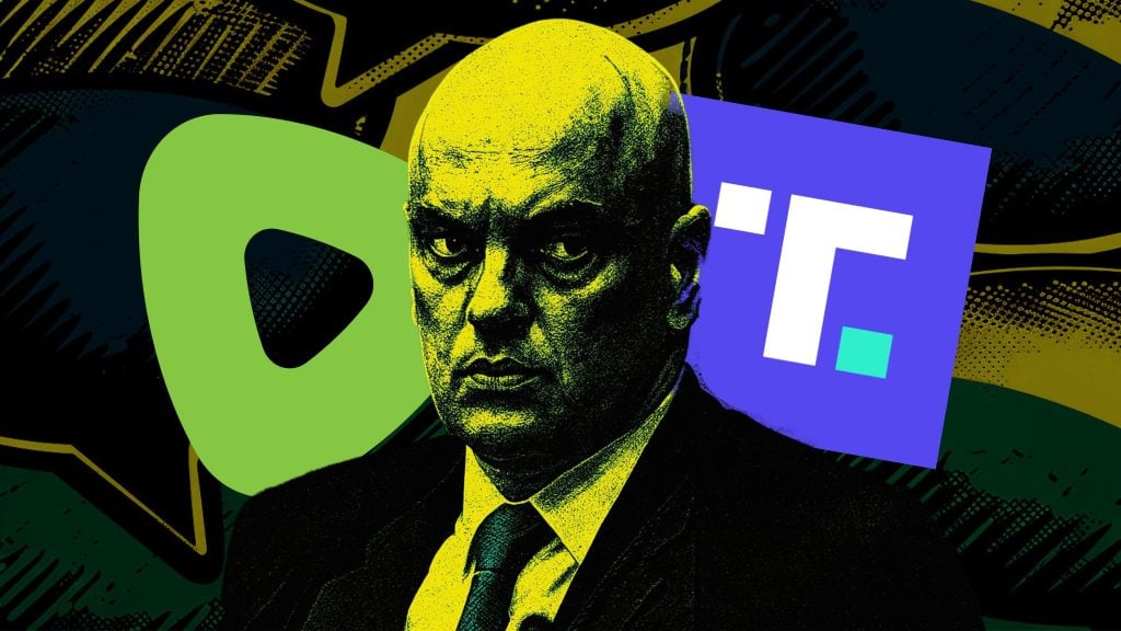 Graphic of Moraes in a suit and tie with yellow-green shading, set against a dark background featuring large green and blue shapes resembling abstract letters or logos.