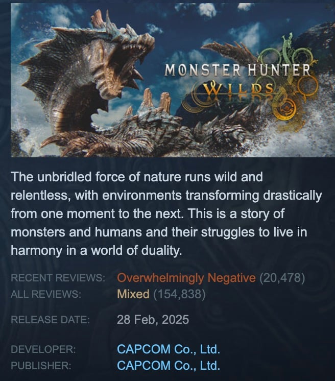 Promotional image of Monster Hunter Wilds featuring a large, detailed dragon-like monster with its mouth open against a cloudy sky, accompanied by game description and review ratings on a dark background