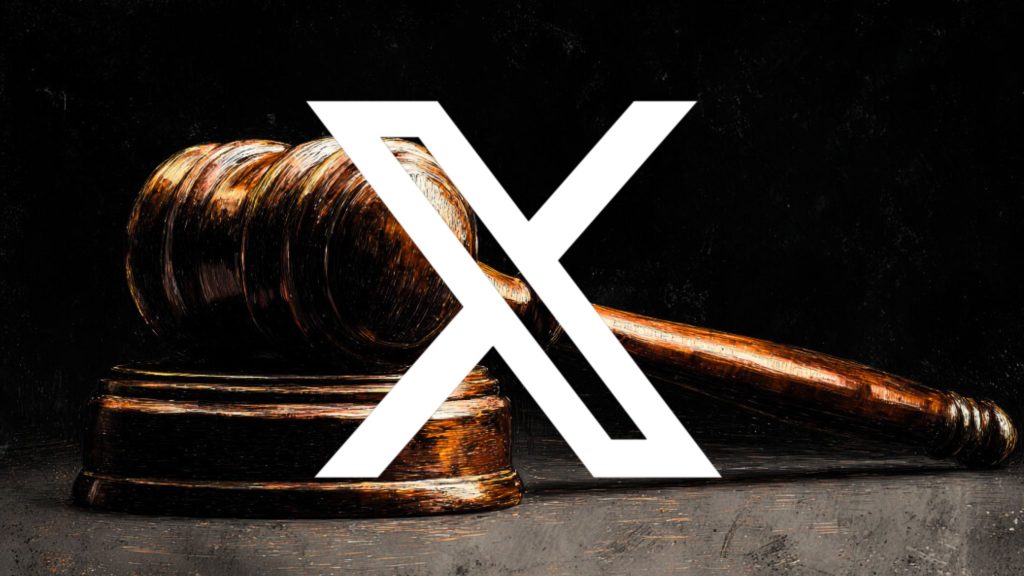 Wooden judge's gavel resting on a sound block with a dark background and a large white X overlaying the image