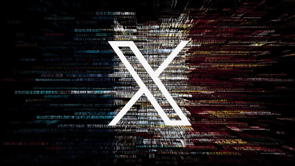 White stylized X symbol centered on a dark background with digital code and colorful horizontal lines radiating outward from the center, suggesting technology or data.