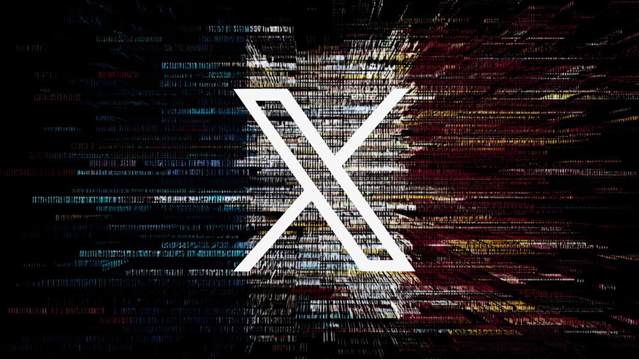 White stylized X symbol centered on a dark background with digital code and colorful horizontal lines radiating outward from the center, suggesting technology or data.