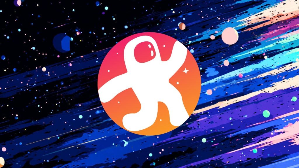 Odysee astronaut logo inside a circular gradient background of pink, orange, and purple, set against a dark blue and purple outer space backdrop with scattered stars and celestial objects.