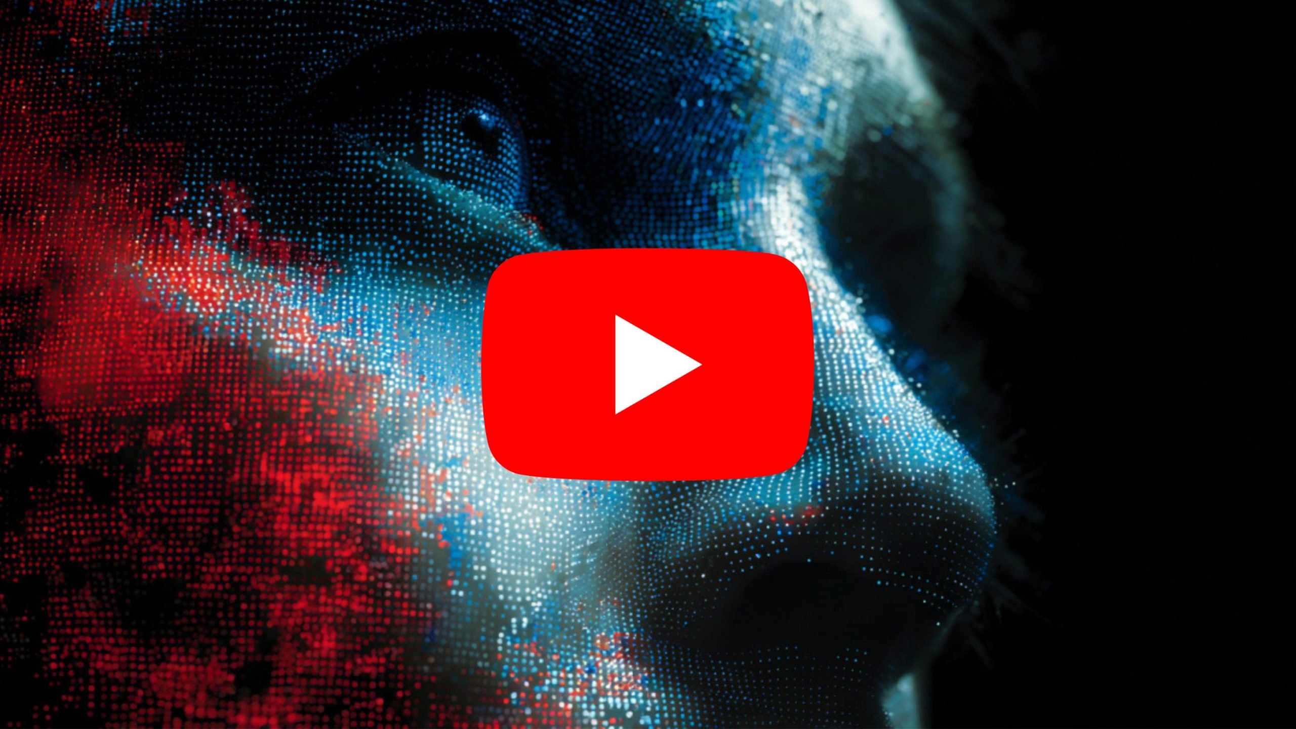 Close-up of a digital face composed of small blue and red dots on a dark background with a large red play button icon overlaid in the center