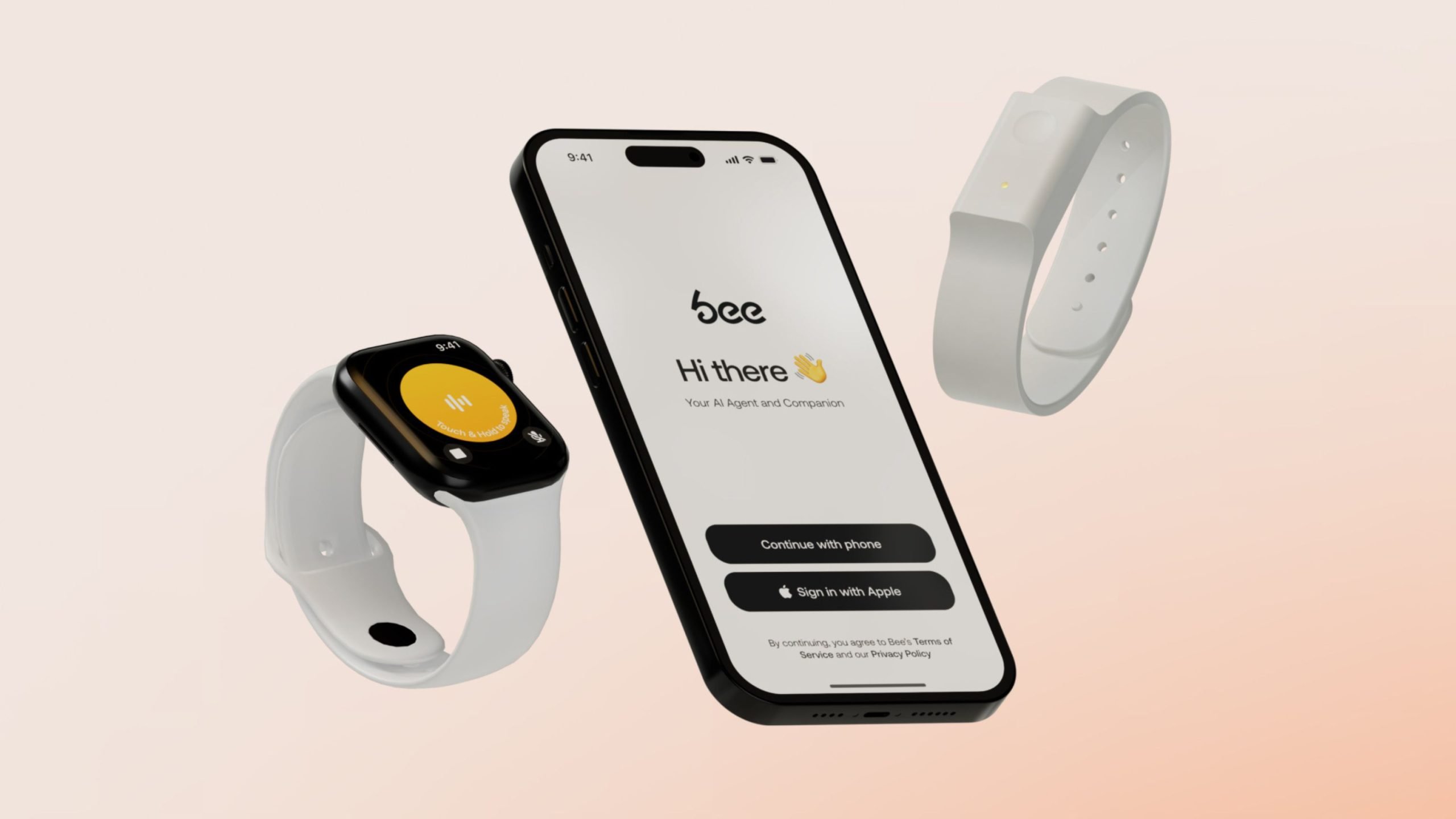 Smartphone displaying an app screen with the text 'Hi there 👋 Your AI Agent and Companion' alongside two smart wristbands, one with a display showing a voice recording interface and the other a plain white band, all set against a light beige background.
