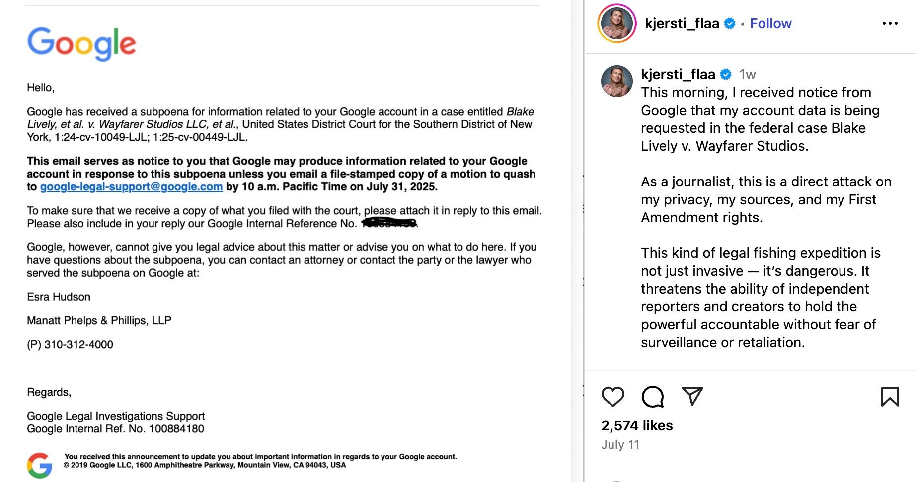 Screenshot of an Instagram post by user kjersti_flaa with a verified badge, describing receiving a notice from Google about federal case Blake Lively v. Wayfarer Studios requesting her account data, expressing concern about privacy and First Amendment rights, alongside an attached official-looking Google email about a subpoena for information related to her Google account in the same case, including legal contact details and instructions for response.