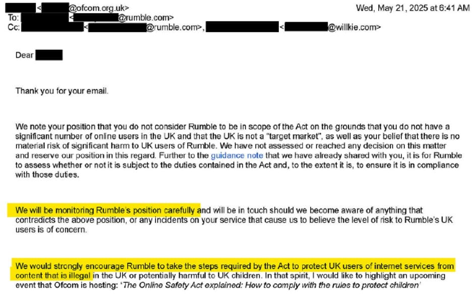 Screenshot of an email dated Wednesday, May 21, 2025, at 6:41 AM, from an Ofcom address, discussing monitoring Rumble's position and encouraging compliance with the Act to protect UK internet users from illegal content, with two highlighted sections emphasizing monitoring Rumble's position carefully and encouraging steps to protect UK users of internet services from illegal content.