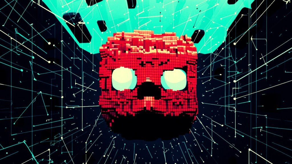 A digital 3D rendering of a red pixelated cube-shaped skull with large glowing white eyes set against a dark background filled with glowing blue lines and dots resembling a digital or virtual grid.