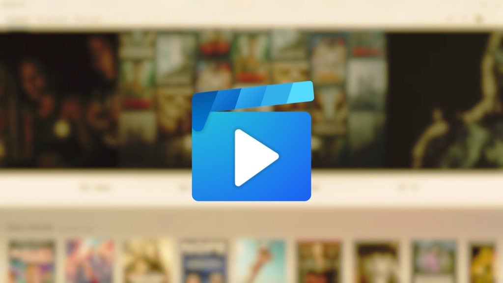 Blue film clapperboard icon with a white play button in the center against a blurred background of movie thumbnails.