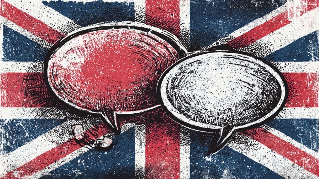 Distressed Union Jack flag background with two large, textured speech bubbles in the center, one red and one white, outlined in black.