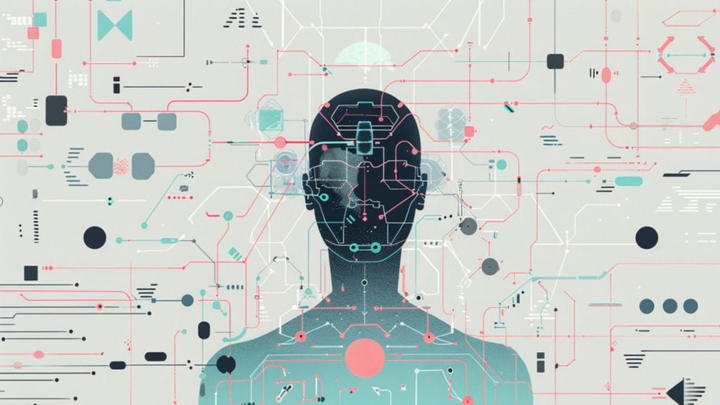 Silhouette of a human head and upper body overlaid with complex abstract lines and circuit-like patterns in blue, pink, and black on a light background.