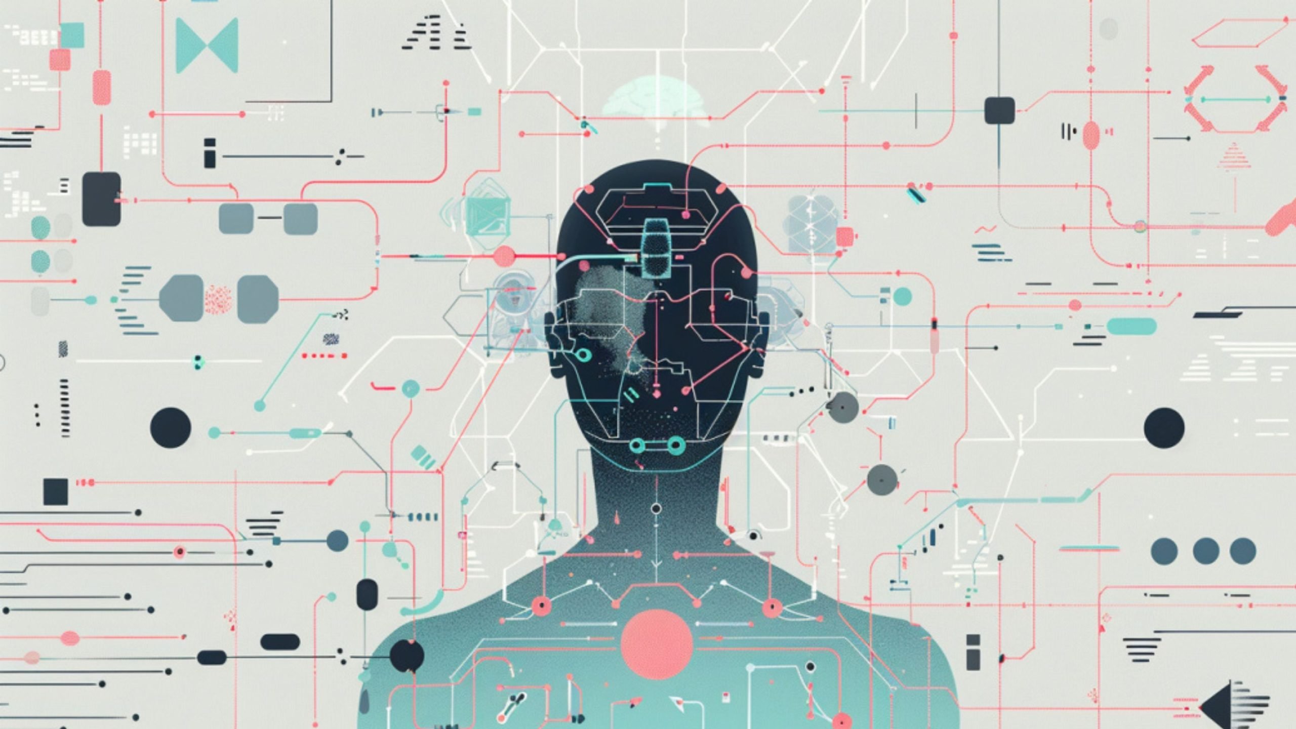 Silhouette of a human head and upper body overlaid with complex abstract lines and circuit-like patterns in blue, pink, and black on a light background.