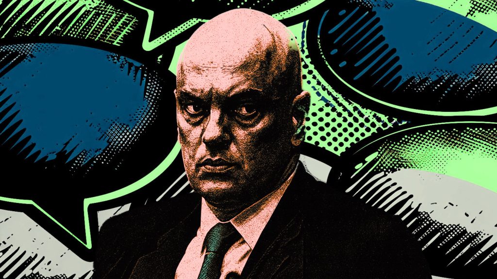 Illustrated portrait of Moraes in a suit and tie with a serious expression, set against a colorful comic-style background featuring speech bubbles in green, blue, and gray tones with halftone patterns.
