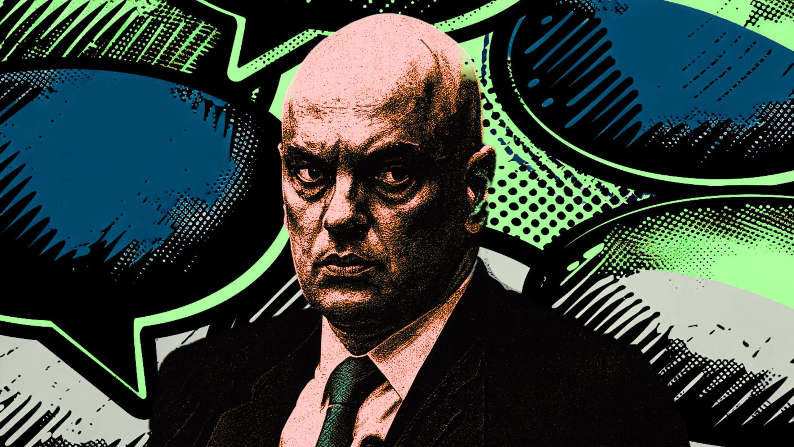 Illustrated portrait of Moraes in a suit and tie with a serious expression, set against a colorful comic-style background featuring speech bubbles in green, blue, and gray tones with halftone patterns.