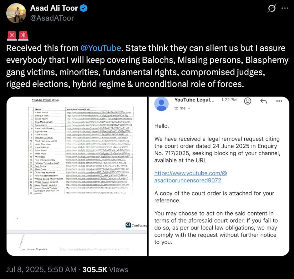 Screenshot of a Twitter post by Asad Ali Toor showing a message from YouTube Legal about a legal removal request for his YouTube channel dated June 24, 2025, with a list of YouTube profile URLs included in the image.