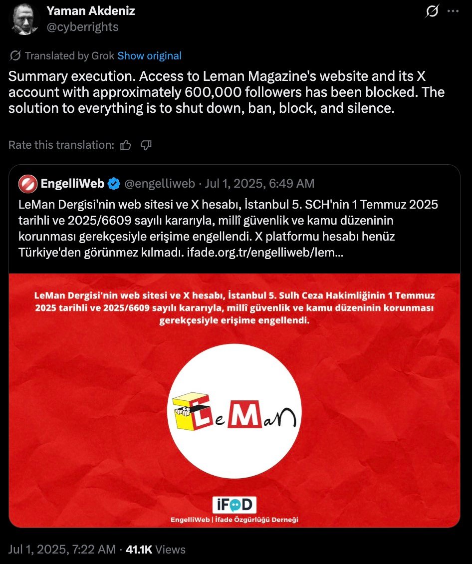 Screenshot of a tweet by Yaman Akdeniz summarizing that access to Leman Magazine's website and its X account with around 600,000 followers has been blocked, mentioning shutdown, ban, block, and silence as the solution. The tweet includes a quoted tweet from EngelliWeb dated July 1, 2025, explaining the block is due to a court decision citing national security and public order, accompanied by an image with the Leman logo on a red background and related legal text in Turkish.