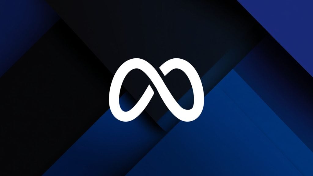 White Meta logo resembling an infinity symbol on a background of overlapping dark and blue geometric shapes