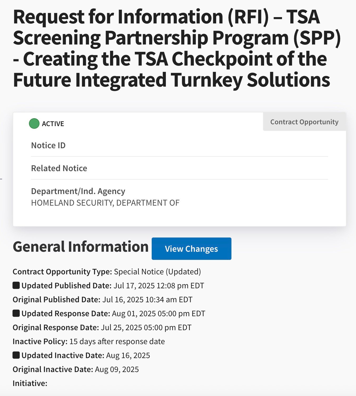 Request for Information (RFI) for TSA Screening Partnership Program (SPP) to create TSA Checkpoint of the Future Integrated Turnkey Solutions, marked active by Homeland Security department, with details on contract opportunity type as special notice, updated and original published and response dates, inactive policy, and updated inactive date in 2025.