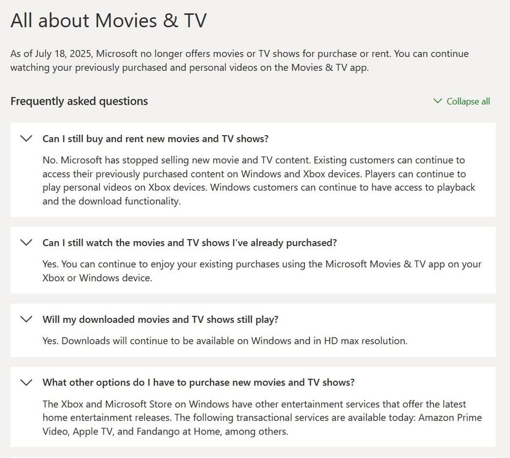 FAQ section titled All about Movies & TV explaining that as of July 18, 2025, Microsoft no longer offers movies or TV shows for purchase or rent, with answers about continuing to watch previously purchased content, downloaded shows still playing, and alternative platforms for new purchases like Amazon Prime Video, Apple TV, and Fandango at Home.