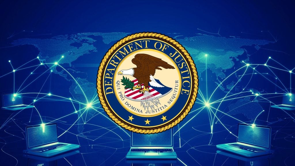 Digital illustration of the US Department of Justice seal overlaid on a blue-toned world map with interconnected glowing laptops symbolizing global digital communication and cybersecurity.