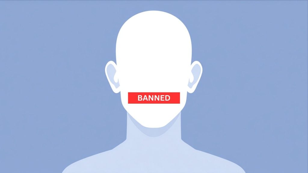 Simplified illustration of a faceless human head and shoulders against a blue background, with a red rectangle labeled BANNED covering the mouth area.