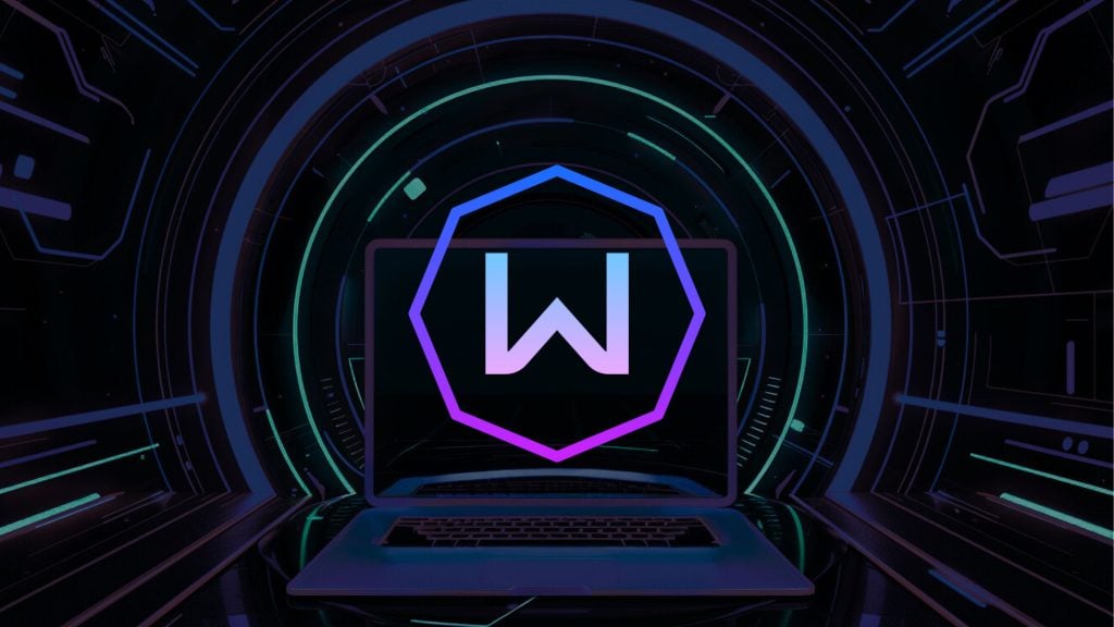 Laptop with a glowing stylized W logo displayed on the screen, set against a futuristic digital tunnel background with circular neon light patterns.