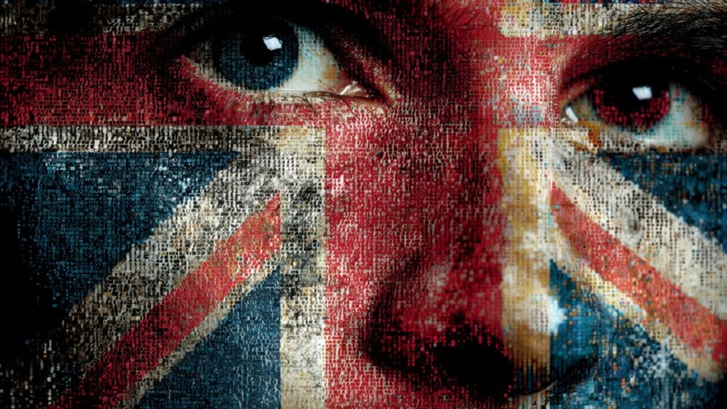 Close-up of a face partially covered with a mosaic-style overlay of the United Kingdom flag, with focus on the eyes and the textured pattern blending colors red, white, and blue.