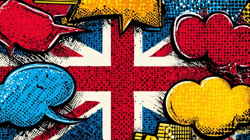 Pop art style illustration of the United Kingdom flag with colorful comic-style speech and cloud bubbles in red, blue, and yellow overlaying it.