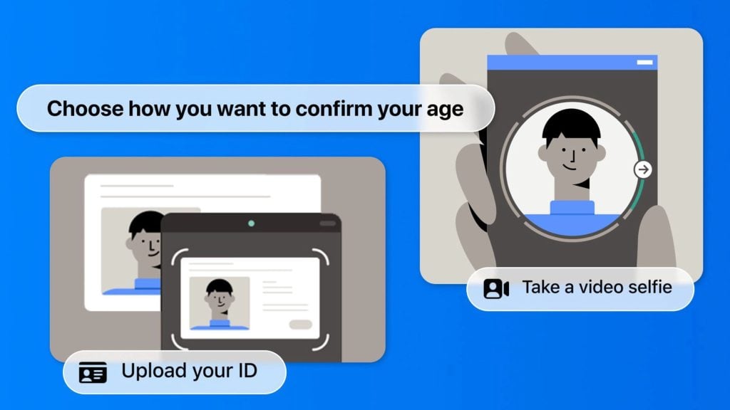 Blue illustration presenting age verification choices: a header reading 'Choose how you want to confirm your age', left panel showing a stylized ID being scanned with the caption 'Upload your ID', and right panel showing a hand holding a phone taking a circular video selfie with the caption 'Take a video selfie'.